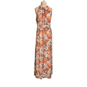 Anne Klein Dress 12 Orange Tropical Halter Zip Neck Tie Maxi Lined Resort